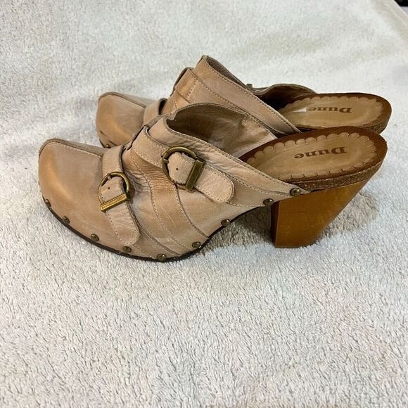 Dune Womens Beige Leather Mules Clogs Heels 41 Cone Heel Buckle Slip On - Picture 10 of 16